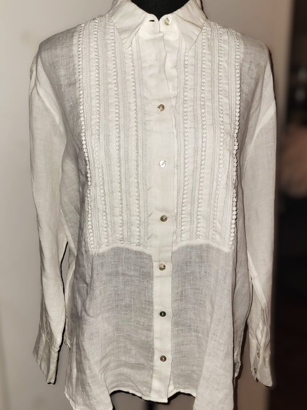 NWT! 120% Lino White Linen/Embroidered Oversized Blouse - XS